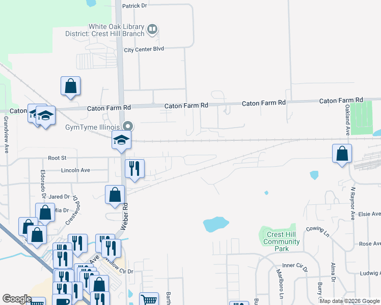 map of restaurants, bars, coffee shops, grocery stores, and more near 1346 Harvest Drive in Crest Hill
