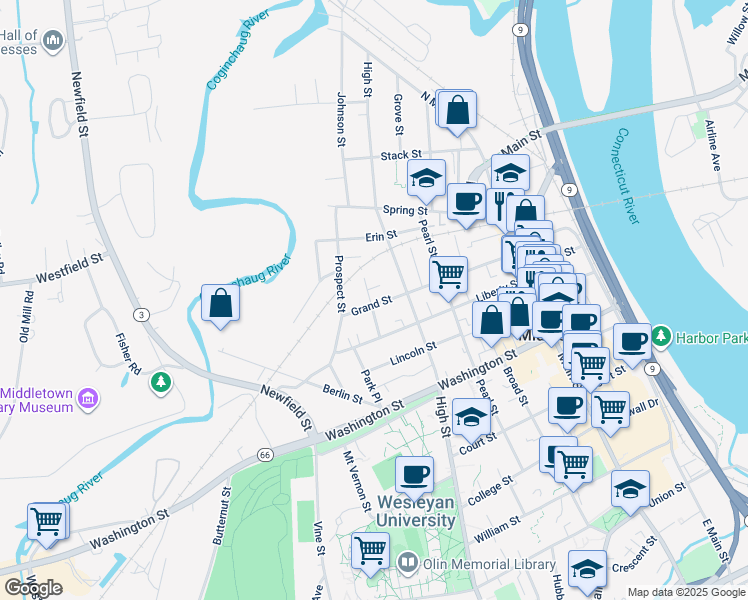 map of restaurants, bars, coffee shops, grocery stores, and more near 148 Grand Street in Middletown