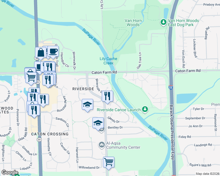 map of restaurants, bars, coffee shops, grocery stores, and more near 2230 Honeywood Court in Plainfield