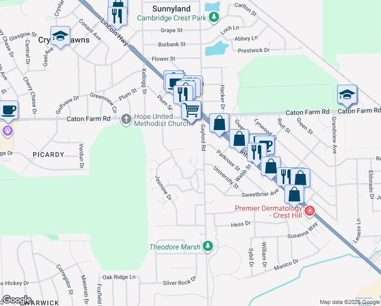 map of restaurants, bars, coffee shops, grocery stores, and more near 2317 Buttercup Lane in Crest Hill