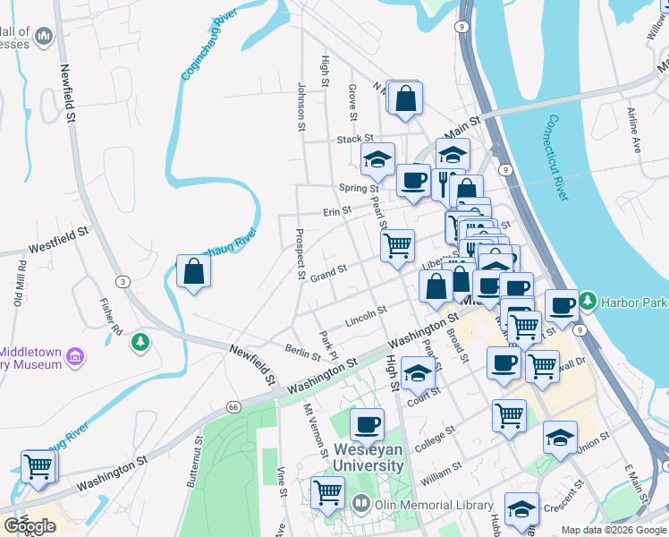 map of restaurants, bars, coffee shops, grocery stores, and more near 144 Grand Street in Middletown