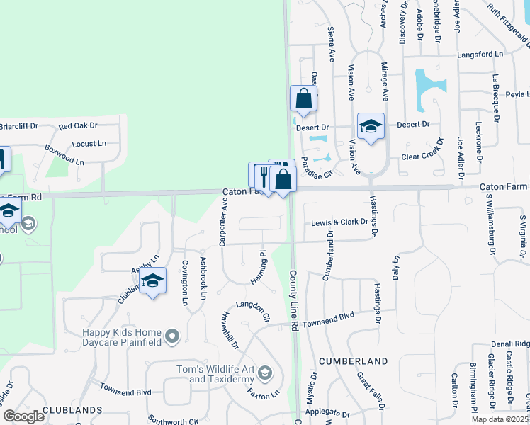 map of restaurants, bars, coffee shops, grocery stores, and more near 7211 Bradley Drive in Plainfield