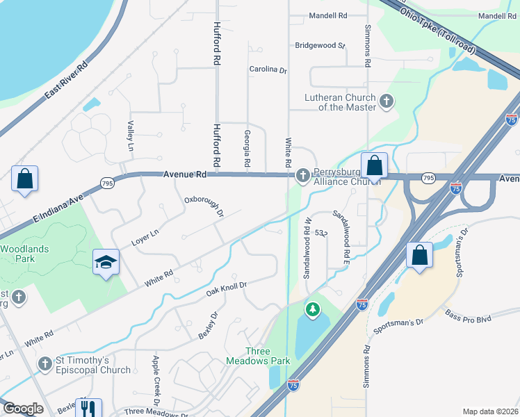map of restaurants, bars, coffee shops, grocery stores, and more near 28375 White Road in Perrysburg