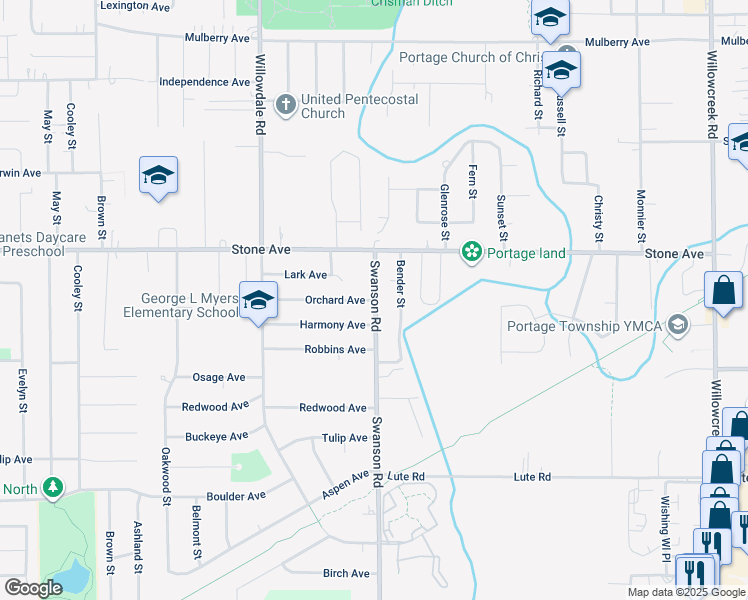 map of restaurants, bars, coffee shops, grocery stores, and more near 5682 Orchard Ave in Portage