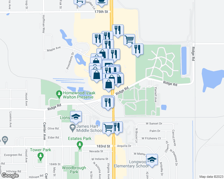 map of restaurants, bars, coffee shops, grocery stores, and more near 17968 South Halsted Street in Homewood