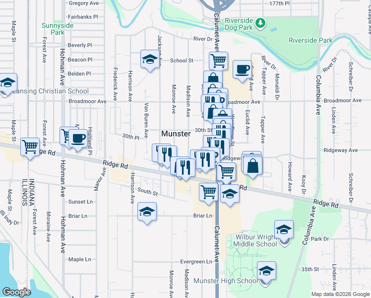 map of restaurants, bars, coffee shops, grocery stores, and more near 8234 Madison Avenue in Munster