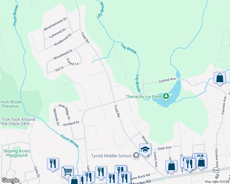 map of restaurants, bars, coffee shops, grocery stores, and more near 343 Todd Road in Wolcott