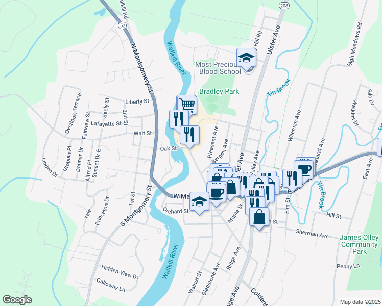 map of restaurants, bars, coffee shops, grocery stores, and more near 70 Oak Street in Walden