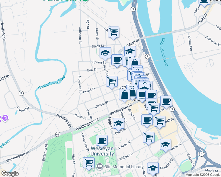 map of restaurants, bars, coffee shops, grocery stores, and more near 177 Pearl Street in Middletown