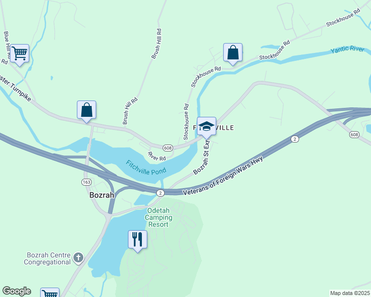map of restaurants, bars, coffee shops, grocery stores, and more near 210 Fitchville Road in Bozrah
