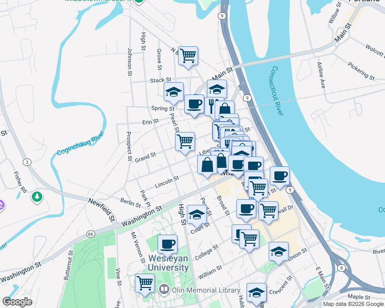 map of restaurants, bars, coffee shops, grocery stores, and more near 177 Pearl Street in Middletown