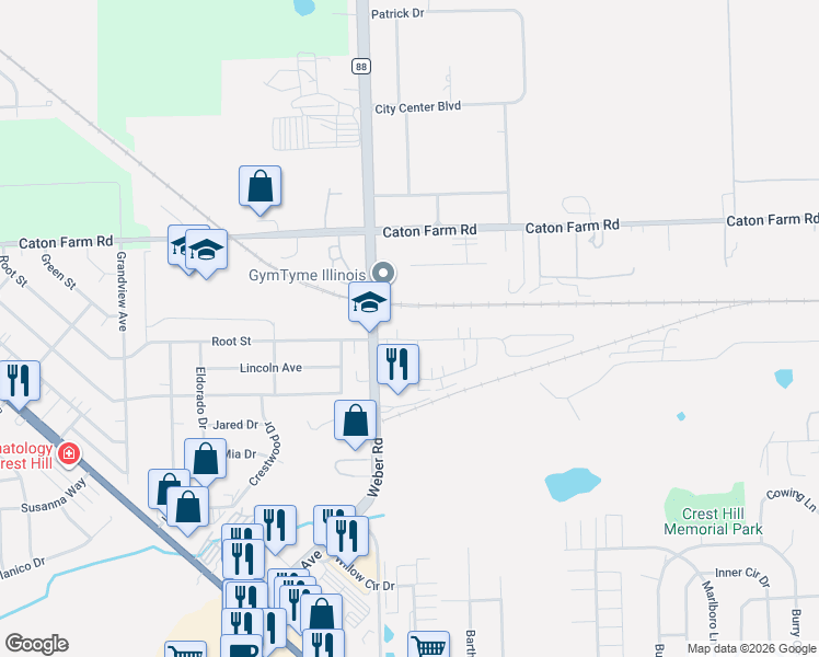 map of restaurants, bars, coffee shops, grocery stores, and more near 2250 Weber Road in Crest Hill