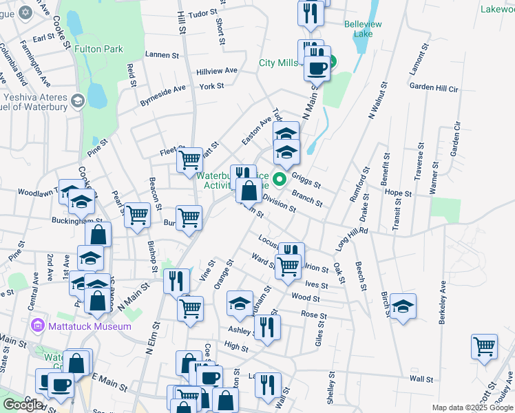 map of restaurants, bars, coffee shops, grocery stores, and more near 45 East Farm Street in Waterbury