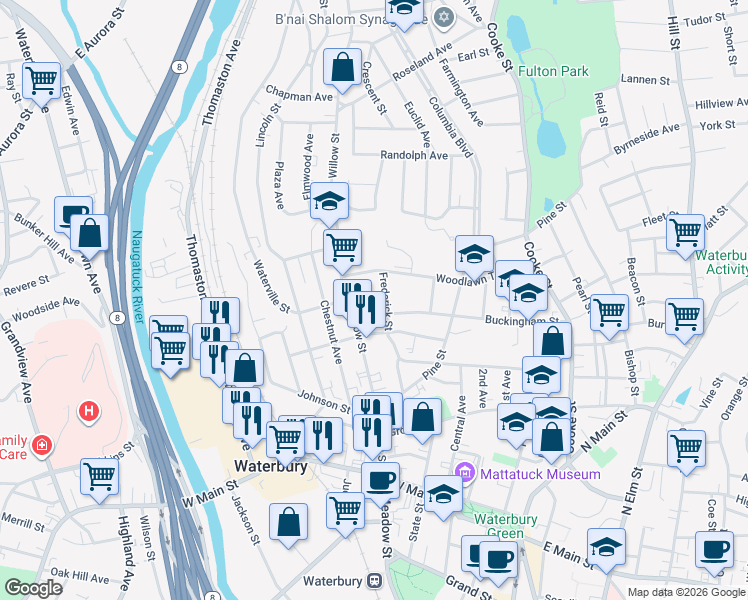 map of restaurants, bars, coffee shops, grocery stores, and more near 11 Ridgewood Street in Waterbury