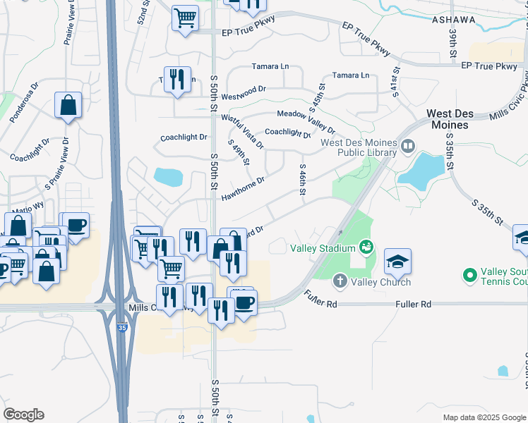 map of restaurants, bars, coffee shops, grocery stores, and more near 4822 Ashley Park Drive in West Des Moines