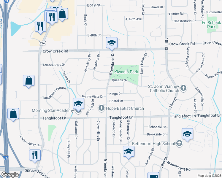 map of restaurants, bars, coffee shops, grocery stores, and more near 1809 Providence Drive in Bettendorf