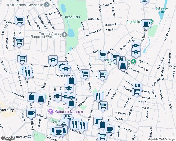 map of restaurants, bars, coffee shops, grocery stores, and more near 162 Bishop Street in Waterbury
