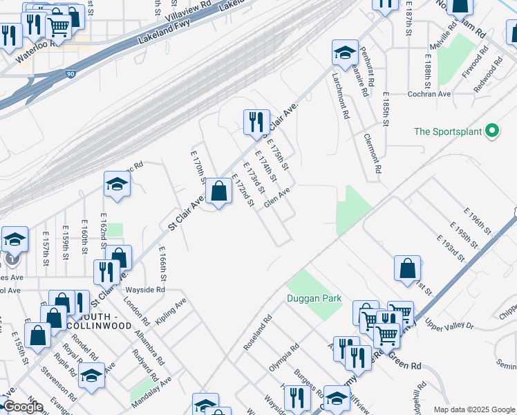 map of restaurants, bars, coffee shops, grocery stores, and more near 1489 East 172nd Street in Cleveland
