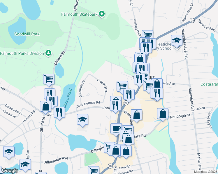 map of restaurants, bars, coffee shops, grocery stores, and more near 40 Kathy Ann Lane in Falmouth