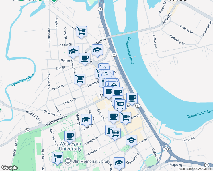map of restaurants, bars, coffee shops, grocery stores, and more near 73 Ferry Street in Middletown