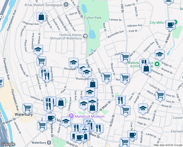 map of restaurants, bars, coffee shops, grocery stores, and more near 197 Cooke Street in Waterbury