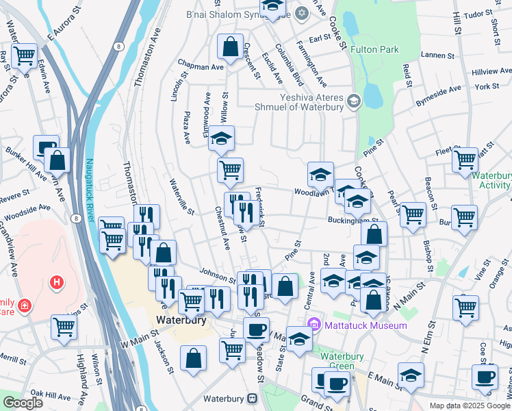 map of restaurants, bars, coffee shops, grocery stores, and more near 11 Ridgewood Street in Waterbury