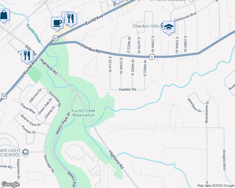 map of restaurants, bars, coffee shops, grocery stores, and more near 22250 Hadden Road in Euclid