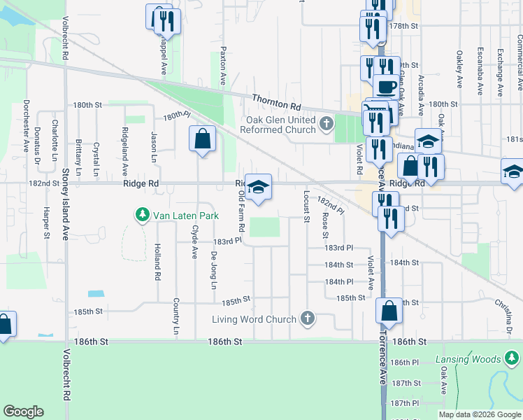 map of restaurants, bars, coffee shops, grocery stores, and more near 2157 Ridge Road in Lansing