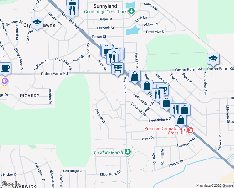 map of restaurants, bars, coffee shops, grocery stores, and more near 2317 Buttercup Lane in Crest Hill