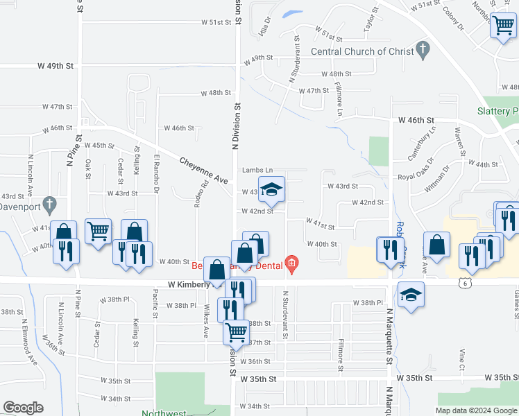 map of restaurants, bars, coffee shops, grocery stores, and more near 1630 West 42nd Street in Davenport