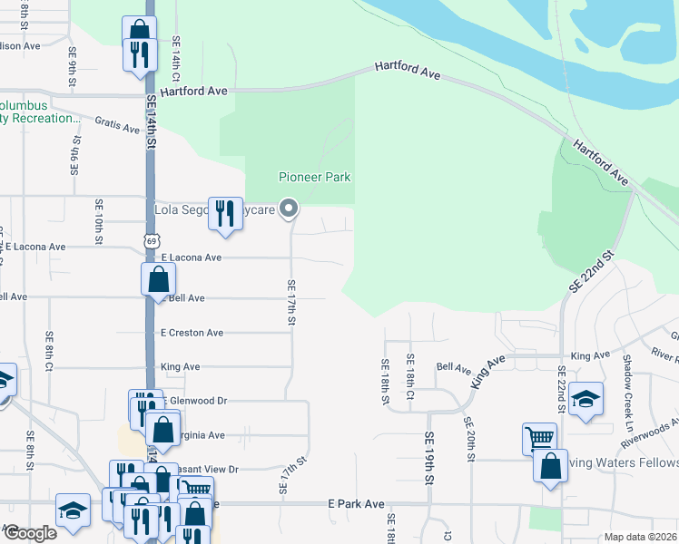 map of restaurants, bars, coffee shops, grocery stores, and more near 1749 East Lacona Avenue in Des Moines