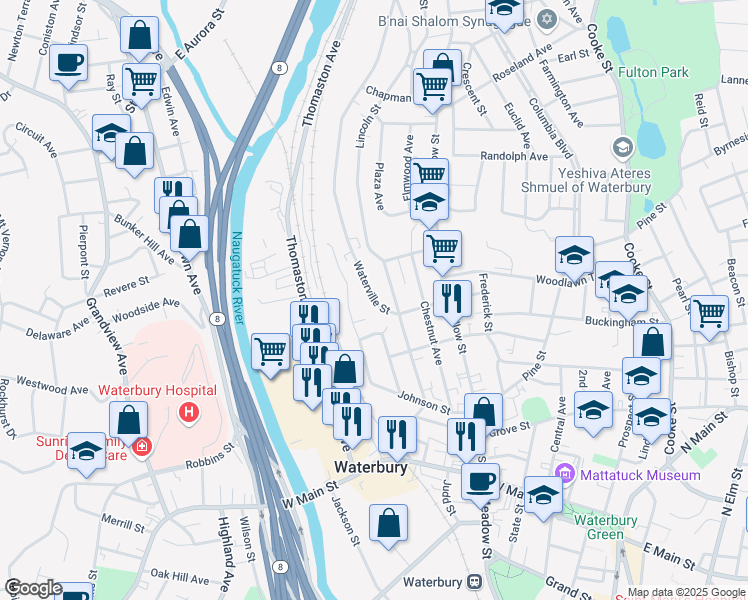 map of restaurants, bars, coffee shops, grocery stores, and more near 147 Waterville Street in Waterbury