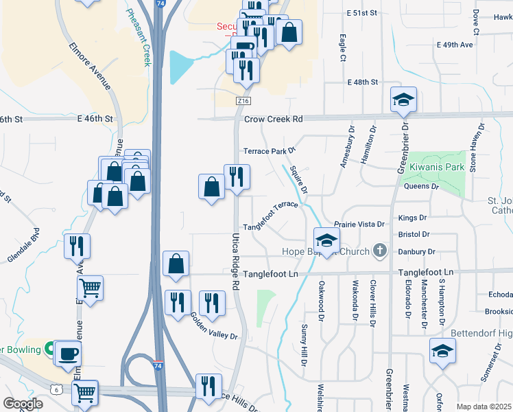 map of restaurants, bars, coffee shops, grocery stores, and more near 4155 Rolling Hills Drive in Bettendorf