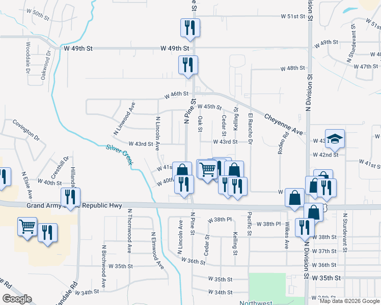 map of restaurants, bars, coffee shops, grocery stores, and more near 4205 N Pine St in Davenport