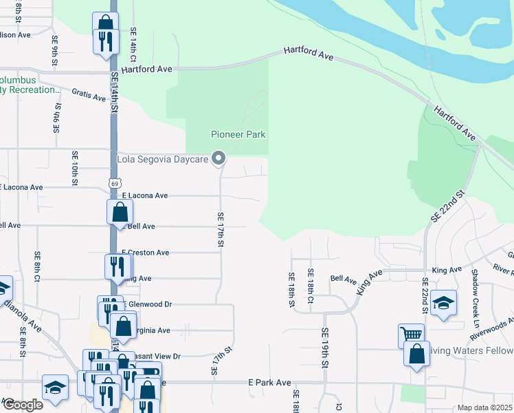 map of restaurants, bars, coffee shops, grocery stores, and more near 1749 East Lacona Avenue in Des Moines