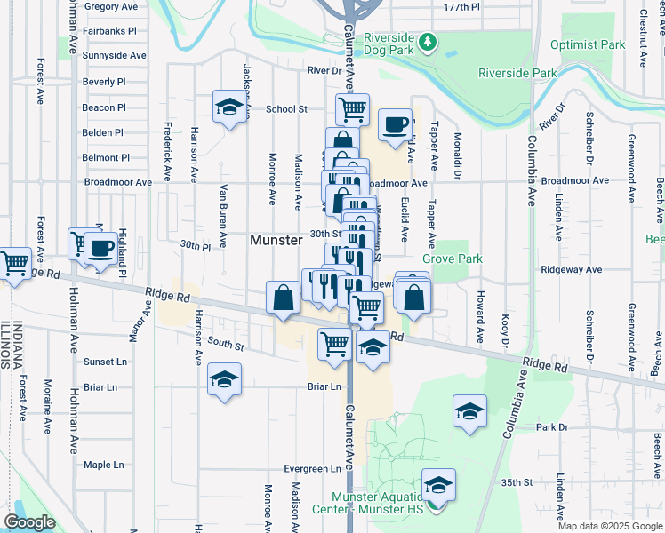 map of restaurants, bars, coffee shops, grocery stores, and more near 8233 Jefferson Avenue in Munster