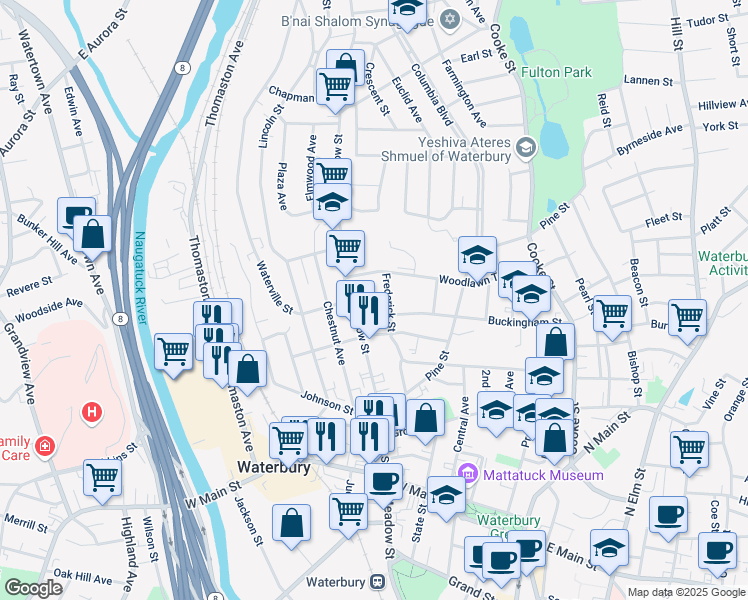map of restaurants, bars, coffee shops, grocery stores, and more near 15 Ridgewood Street in Waterbury