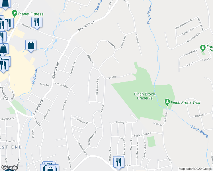 map of restaurants, bars, coffee shops, grocery stores, and more near 306 Beth Lane in Waterbury