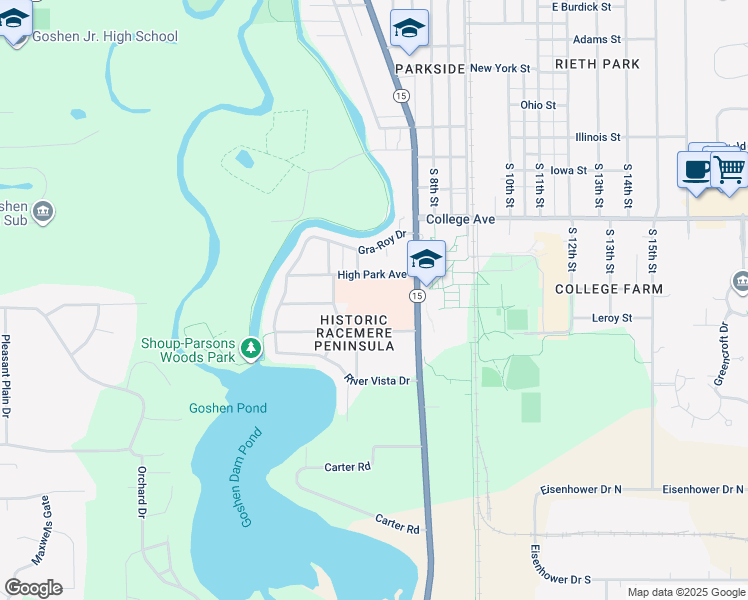 map of restaurants, bars, coffee shops, grocery stores, and more near 200 High Park Avenue in Goshen