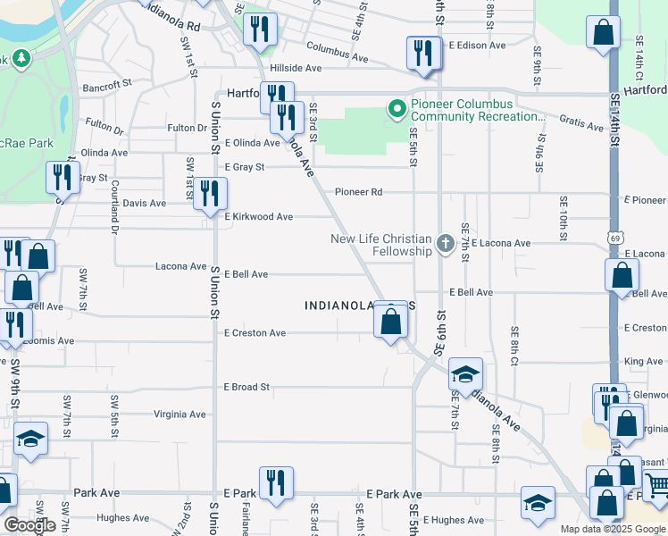 map of restaurants, bars, coffee shops, grocery stores, and more near 316 East Bell Avenue in Des Moines