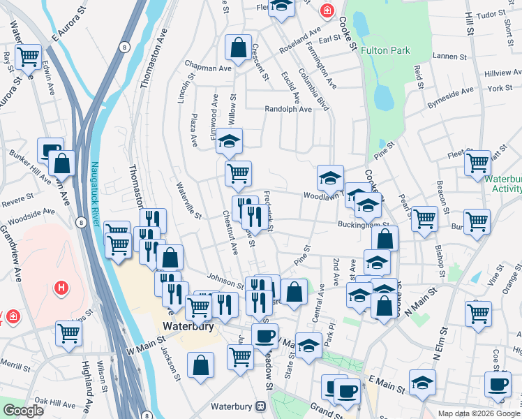 map of restaurants, bars, coffee shops, grocery stores, and more near 11 Ridgewood Street in Waterbury