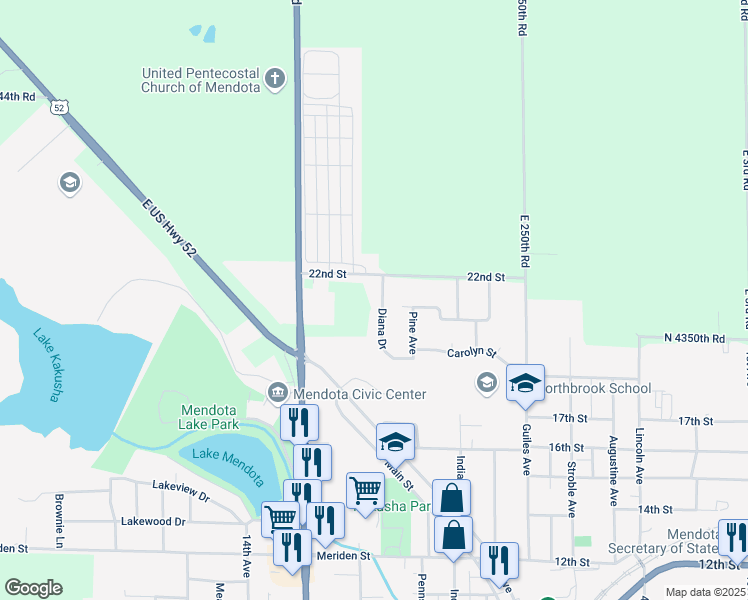 map of restaurants, bars, coffee shops, grocery stores, and more near 2102 Diana Drive in Mendota