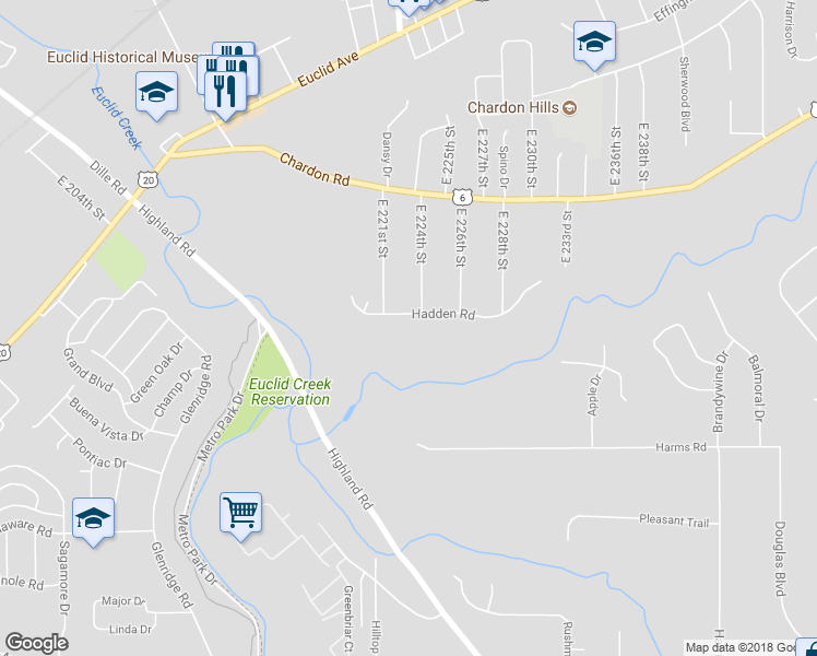 map of restaurants, bars, coffee shops, grocery stores, and more near 22250 Hadden Road in Euclid