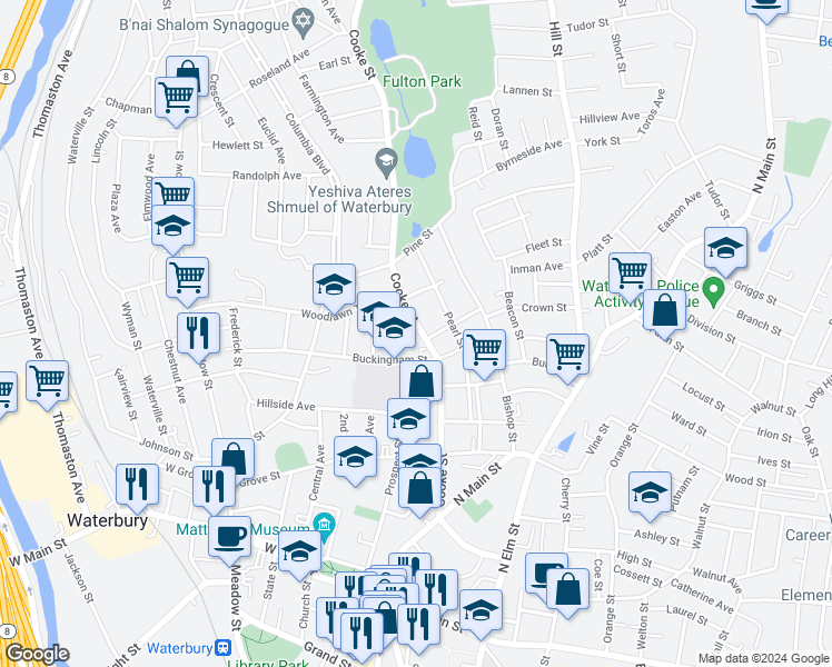 map of restaurants, bars, coffee shops, grocery stores, and more near 203 Cooke Street in Waterbury