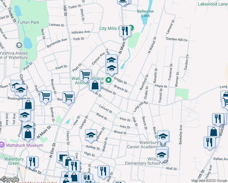 map of restaurants, bars, coffee shops, grocery stores, and more near 89 Division Street in Waterbury