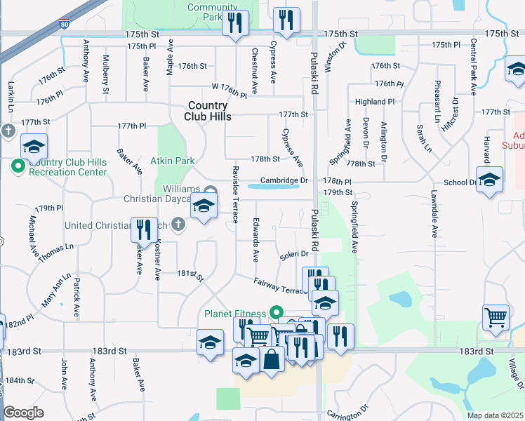 map of restaurants, bars, coffee shops, grocery stores, and more near 17935 Edwards Ave in Country Club Hills