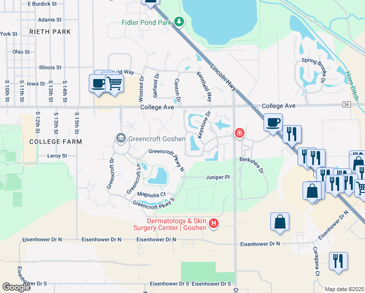 map of restaurants, bars, coffee shops, grocery stores, and more near 1803 Woodgate Drive in Goshen