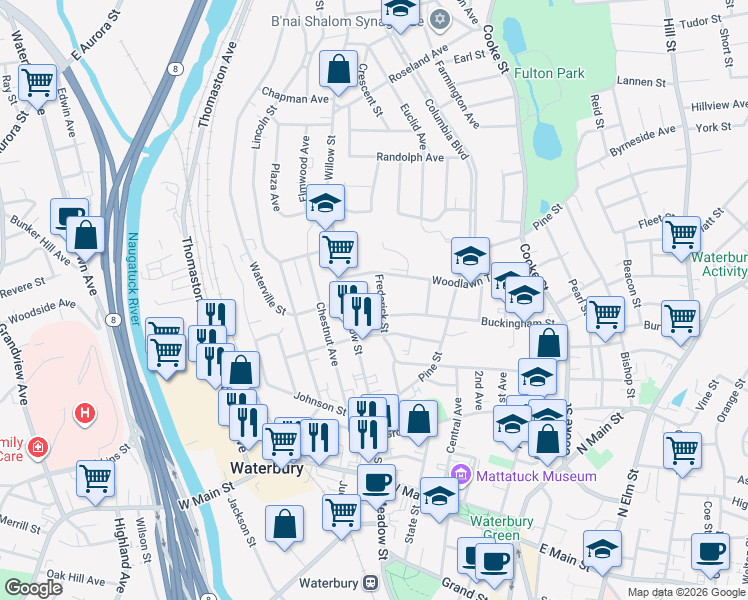 map of restaurants, bars, coffee shops, grocery stores, and more near 7 Ridgewood Street in Waterbury