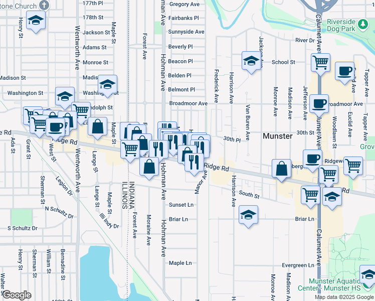 map of restaurants, bars, coffee shops, grocery stores, and more near 8234 Highland Pl in Munster