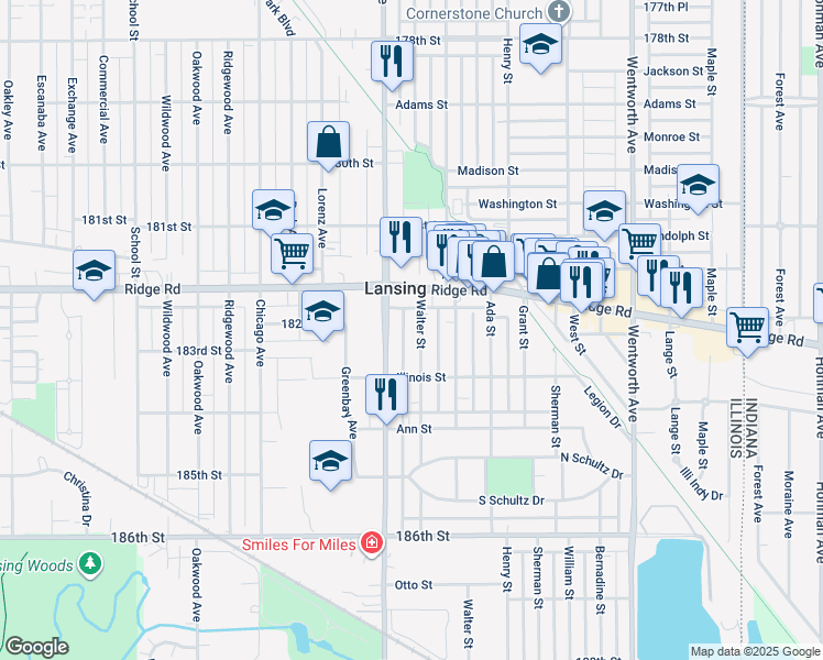 map of restaurants, bars, coffee shops, grocery stores, and more near 18242 Walter St in Lansing